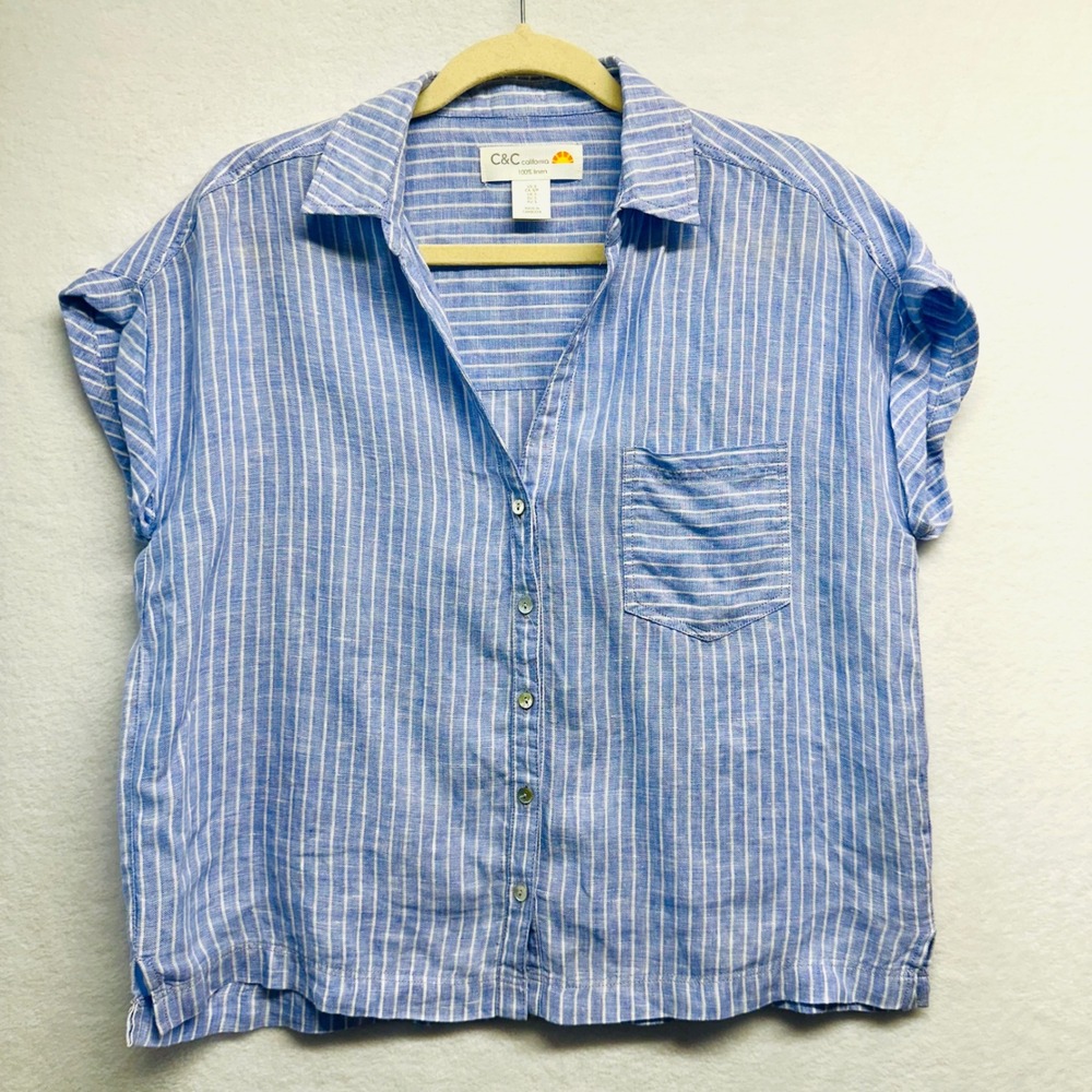 C&C California Linen Shirt Womens S Blue White Striped Short Sleeve Button Up